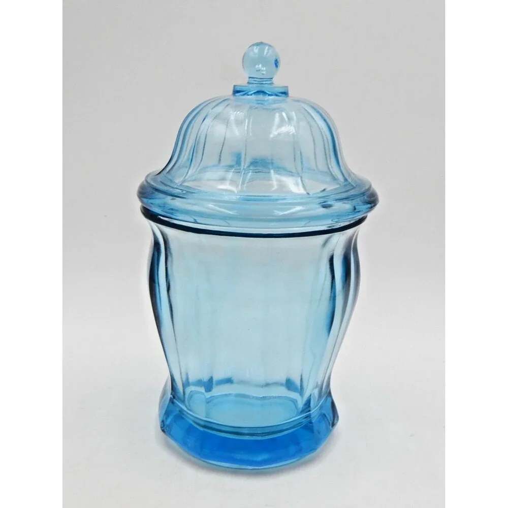 Indiana Glass Azure Blue Paneled Candy Cookie Jar Apothecary Canister w/Lid 9 In
